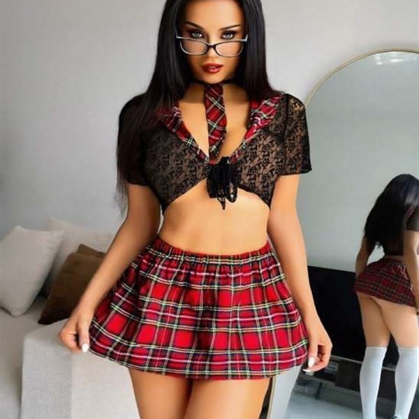 Arias Closet Özel Tasarım Bordo Ekose Desenli Dantel İşlemeli Fantezi Mini Liseli Kostüm