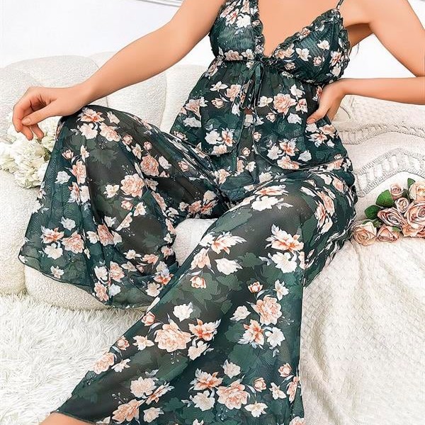 Arias Closet Özel Tasarım Büyük Beden Çiçek Desenli Bol Kesim 2'Li Pijama Takımı