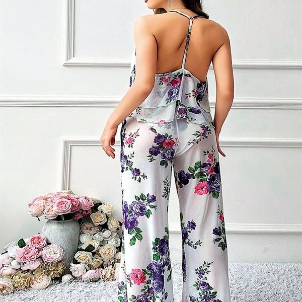 Arias Closet Özel Tasarım Büyük Beden Çiçek Desenli Fırfırlı 2'Li Pijama Takımı