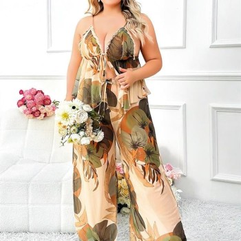 Arias Closet Özel Tasarım Büyük Beden Çiçek Desenli İnce Askılı 2'Li Pijama Takımı