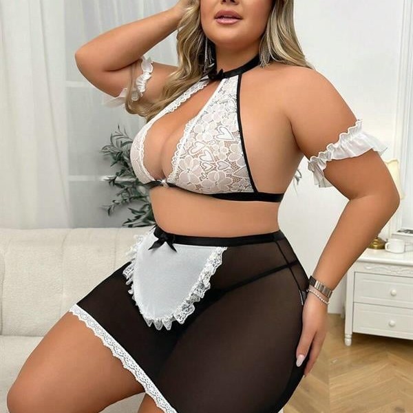 Arias Closet Özel Tasarım Büyük Beden Dantelli Fantezi Hizmetçi Kostümü