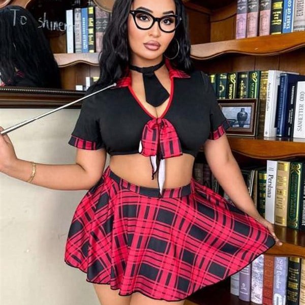 Arias Closet Özel Tasarım Büyük Beden Ekose Mini Etekli Bolerolu Fantezi Liseli Kostümü