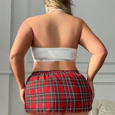 Arias Closet Özel Tasarım Büyük Beden Ekoseli Kravatlı Fantezi Liseli Kostümü