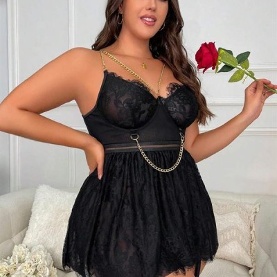 Arias Closet Özel Tasarım Büyük Beden Fantezi Zincir Detaylı Dantelli Gecelik