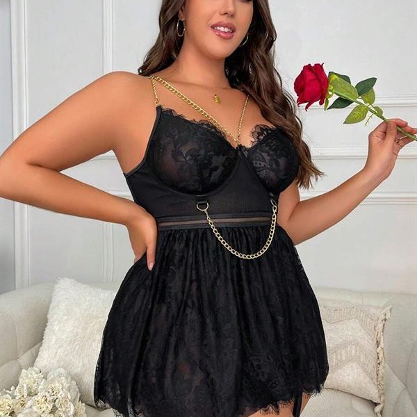 Arias Closet Özel Tasarım Büyük Beden Fantezi Zincir Detaylı Dantelli Gecelik