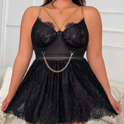 Arias Closet Özel Tasarım Büyük Beden Fantezi Zincir Detaylı Dantelli Gecelik