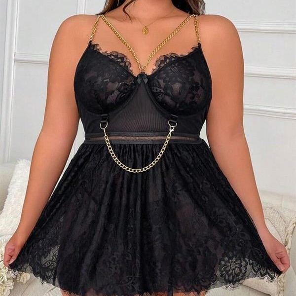 Arias Closet Özel Tasarım Büyük Beden Fantezi Zincir Detaylı Dantelli Gecelik