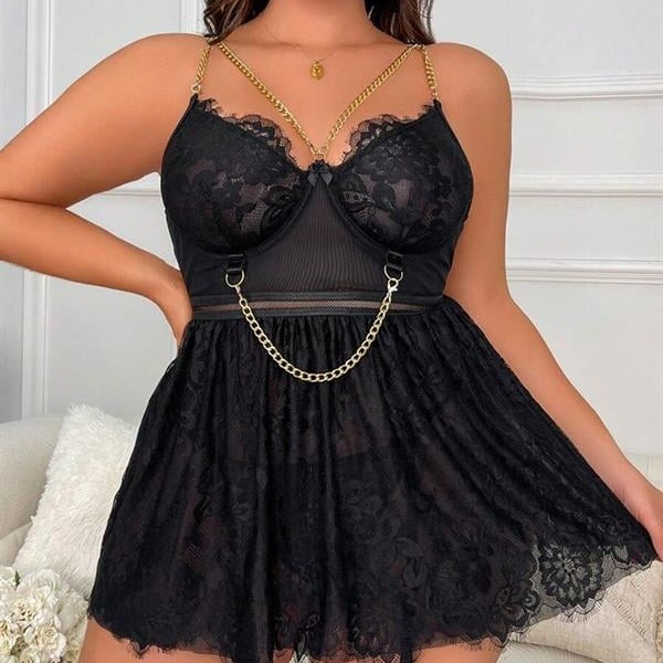 Arias Closet Özel Tasarım Büyük Beden Fantezi Zincir Detaylı Dantelli Gecelik