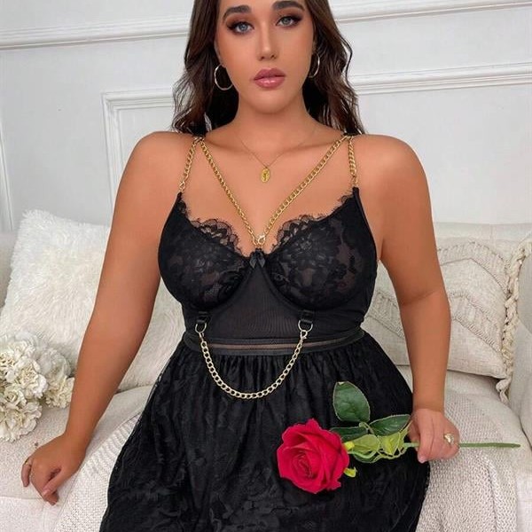 Arias Closet Özel Tasarım Büyük Beden Fantezi Zincir Detaylı Dantelli Gecelik