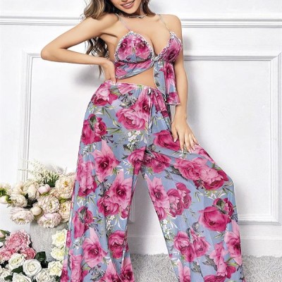 Arias Closet Özel Tasarım Büyük Beden Kırmızı Çiçek Desenli Bol Kesim 2'Li Pijama Takımı