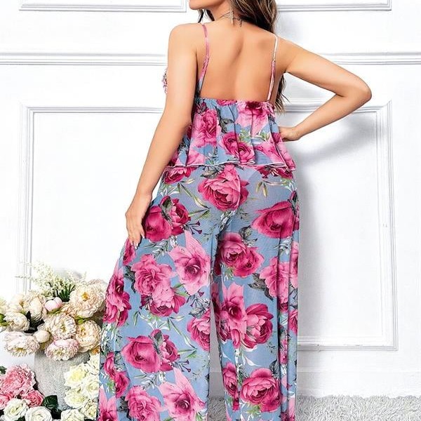 Arias Closet Özel Tasarım Büyük Beden Kırmızı Çiçek Desenli Bol Kesim 2'Li Pijama Takımı