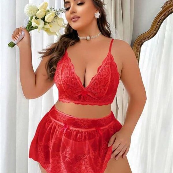 Arias Closet Özel Tasarım Büyük Beden Kırmızı Dantel İşlemeli Fantezi Etekli Sütyen Takımı