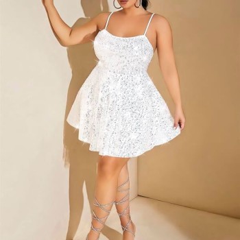 Arias Closet Özel Tasarım Büyük Beden Payetli Parlak Işıltılı Beyaz Mini Club Elbisesi