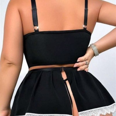 Arias Closet Özel Tasarım Büyük Beden Siyah Dantel İşlemeli Bacak Bantlı Fantezi Hizmetçi Kostümü