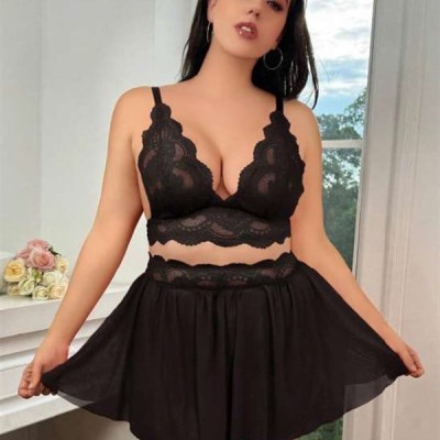 Arias Closet Özel Tasarım Büyük Beden Siyah Dantel İşlemeli Dekolteli Fantezi Etekli Sütyen Takımı