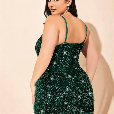 Arias Closet Özel Tasarım Büyük Beden Yeşil Payetli Parlak Işıltılı Mini Club Elbisesi