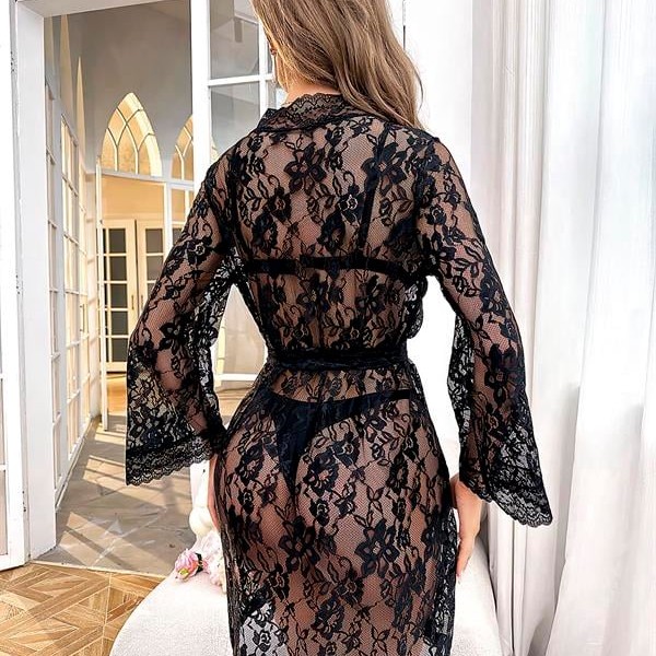 Arias Closet Özel Tasarım Çiçek Desenli Full Dantel İşlemeli Şık Siyah Fantezi Gecelik Sabahlık