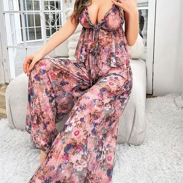 Arias Closet Özel Tasarım Çiçek Desenli Salaş Kesim Şık 2'Li Takım