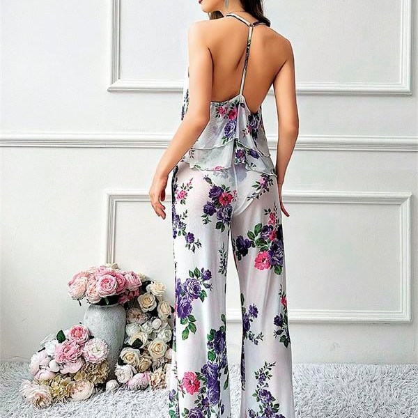 Arias Closet Özel Tasarım Çiçek Desenli Salaş Kesim Şık Sırt Dekolteli 2'Li Takım