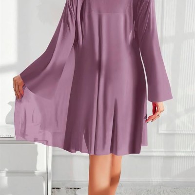 Arias Closet Özel Tasarım Dantel İşlemeli Fırfırlı Sabahlıklı 2'Li Mor Gecelik Takımı