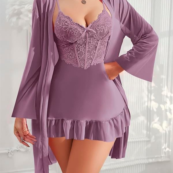 Arias Closet Özel Tasarım Dantel İşlemeli Fırfırlı Sabahlıklı 2'Li Mor Gecelik Takımı