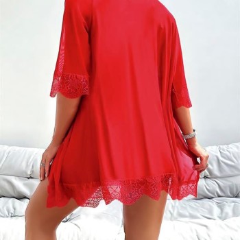 Arias Closet Özel Tasarım Dantel İşlemeli Göğüs Dekolteli Sabahlıklı Kırmızı 2'Li Tül Gecelik Takımı