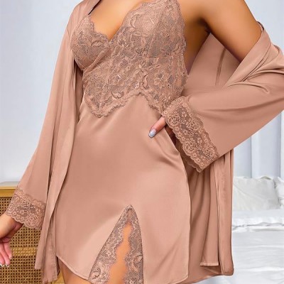 Arias Closet Özel Tasarım Dantel İşlemeli Şık Göğüs Dekolteli Sabahlıklı 2'Li Saten Gecelik Takımı