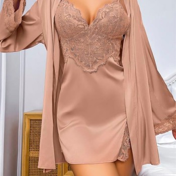 Arias Closet Özel Tasarım Dantel İşlemeli Şık Göğüs Dekolteli Sabahlıklı 2'Li Saten Gecelik Takımı