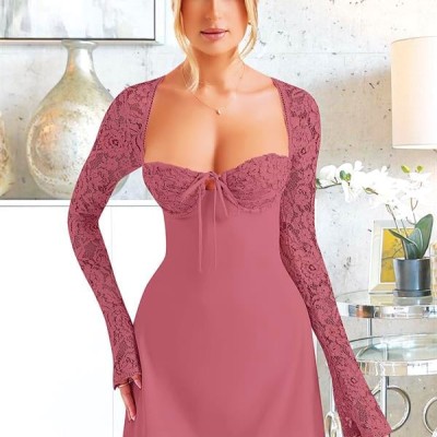 Arias Closet Özel Tasarım Dantel İşlemeli Şık Uzun Bolerolu Fuşya Fantezi Mini Club Elbisesi