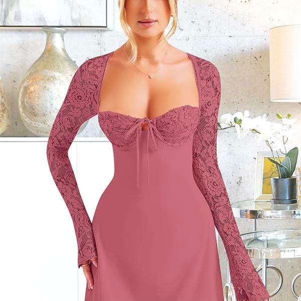 Arias Closet Özel Tasarım Dantel İşlemeli Şık Uzun Bolerolu Fuşya Fantezi Mini Club Elbisesi