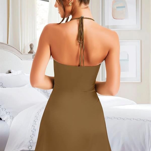 Arias Closet Özel Tasarım İnce Askılı Boyundan Bağlamalı Koyu Yeşil Mini Saten Gecelik