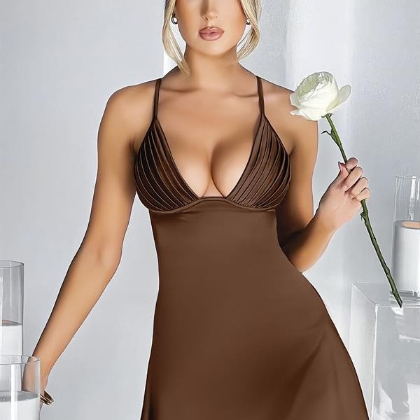 Arias Closet Özel Tasarım İnce Askılı Göğüs Dekolteli Kahverengi Mini Saten Gecelik