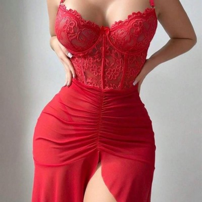 Arias Closet Özel Tasarım Kırmızı Dantel İşlemeli Korse Görünümlü Önden Büzgülü Fantezi Tül Gecelik