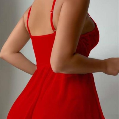 Arias Closet Özel Tasarım Kırmızı Dantel İşlemeli Tül Fantezi Gecelik