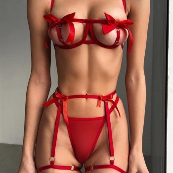 Arias Closet Özel Tasarım Kırmızı Kurdela Detaylı Jartiyerli Fantezi Sütyen String Takımı