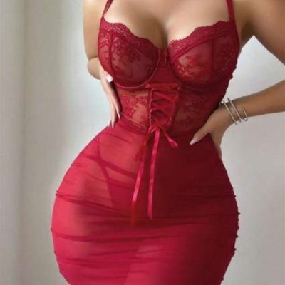 Arias Closet Özel Tasarım Korse Görünümlü Bordo Dantel İşlemeli Tül Fantezi Gecelik