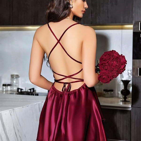 Arias Closet Özel Tasarım Sırt Dekolteli Sabahlıklı Saten Bordo 2'Li Gecelik Takımı