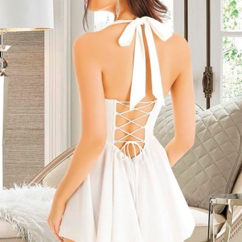 Arias Closet Özel Tasarım Sırt Dekolteli Şık Fırfırlı Beyaz Fantezi Mini Club Elbisesi