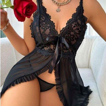 Arias Closet Özel Tasarım Siyah Dantel İşlemeli Yırtmaçlı Kurdelalı Tül Fantezi Şık Gecelik