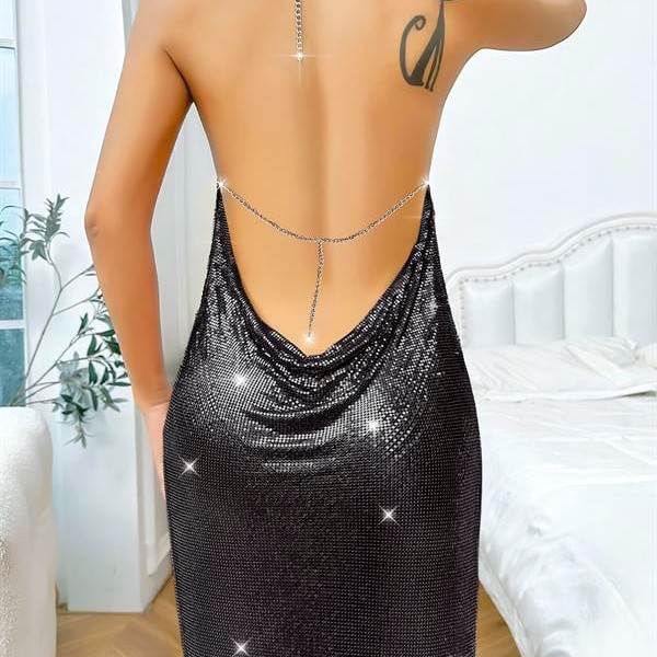 Arias Closet Özel Tasarım Siyah Payetli Zincir Detaylı Parlak Işıltılı Sırt Dekolteli Fantezi Mini Club Elbisesi