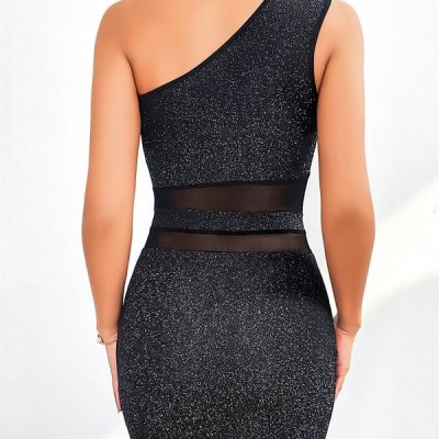 Arias Closet Özel Tasarım Siyah Tek Omuz Dekolteli Işıltılı Fantezi Mini Club Elbisesi
