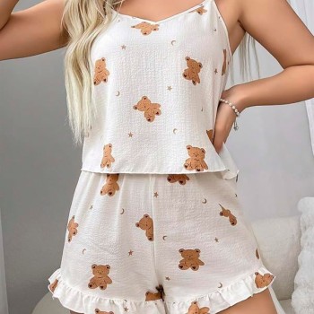 Arias Closet Pamuklu Ayıcık Desen Fırfırlı Askılı Şortlu Pijama Takımı