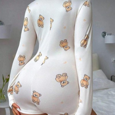 Arias Closet Pamuklu Beyaz Ayıcık Desenli Düğmeli Uzun Kol Tulum Pijama