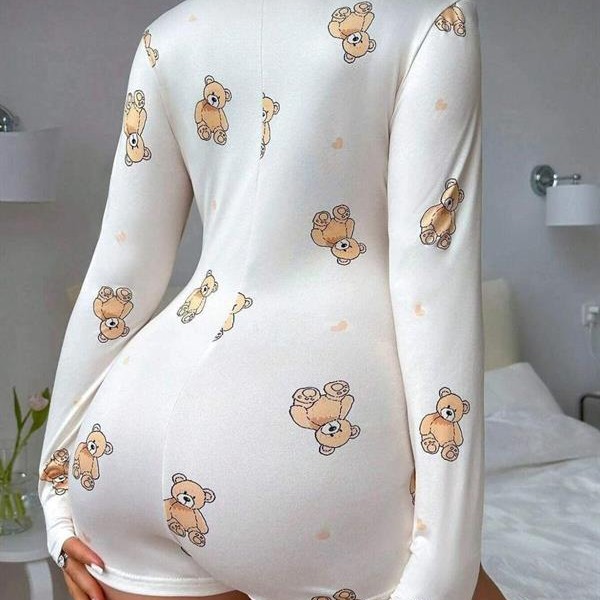 Arias Closet Pamuklu Beyaz Ayıcık Desenli Düğmeli Uzun Kol Tulum Pijama