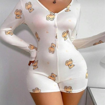 Arias Closet Pamuklu Beyaz Ayıcık Desenli Düğmeli Uzun Kol Tulum Pijama