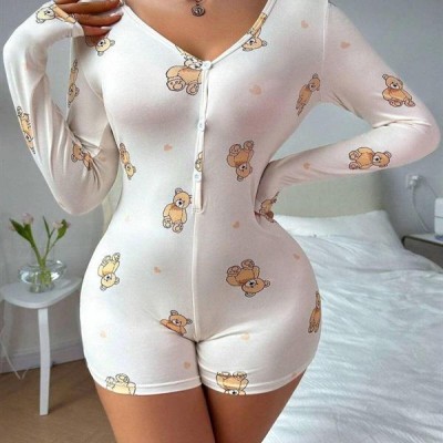 Arias Closet Pamuklu Beyaz Ayıcık Desenli Düğmeli Uzun Kol Tulum Pijama