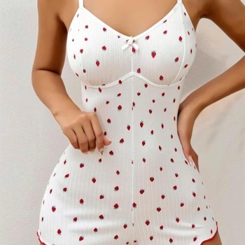 Arias Closet Pamuklu Beyaz Çilek Desenli Tulum Pijama