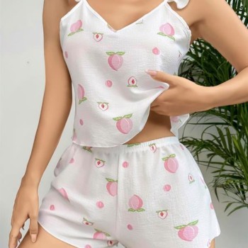 Arias Closet Pamuklu Beyaz Üstüne Çiçek Desen Fırfır Askılı Şortlu Pijama Takımı