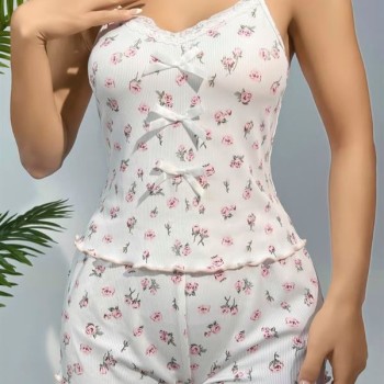 Arias Closet Pamuklu Beyaz Üstüne Çiçek Desen Fitilli Askılı Şortlu Pijama Takımı