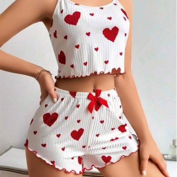 Arias Closet Pamuklu Beyaz Üstüne Kırmızı Kalp Desenli Askılı Şortlu Pijama Takımı